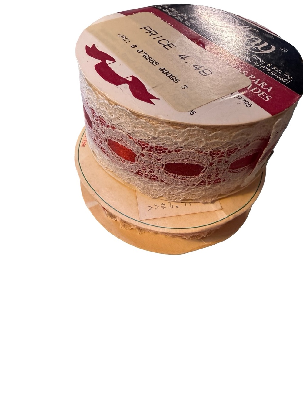 Vintage Lace Ribbon Trim - Cream and Red - Unbranded
